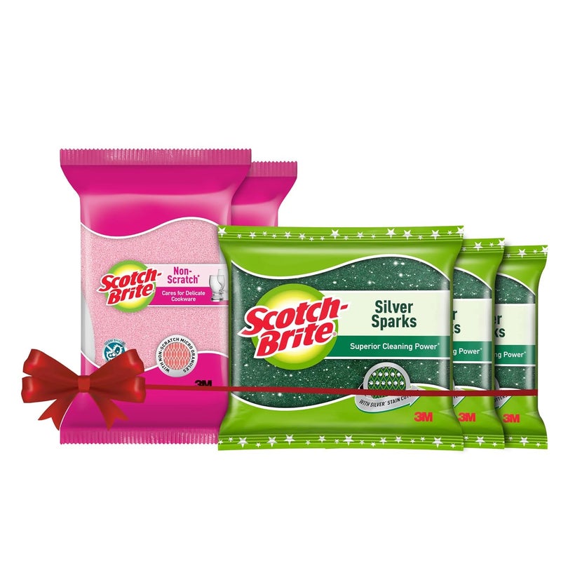 Scotch Brite ScotchBrite NonScratch Sponge Scrub for Ceramics Non Stick Glassware 2 Units ScotchBrite Silver Sparks Scrub pad for dishwashing 3 Units - Image 1