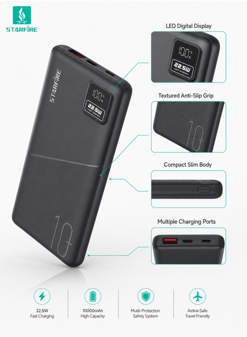 STARFIRE 10000mAh Power Bank, 22.5W Fast Charging Portable Charger with USB-A & Type-C Ports,LED Digital Battery Display ,Compact External Battery Pack for iPhone 17 / 17 Pro / 17 Pro Max / iPhone Air / 16 / 15 / 14 / 13 / 12 Series, Samsung Galaxy S25 / S24 / S23 / S22, iPad, Xiaomi, OnePlus, Huawei - Image 2