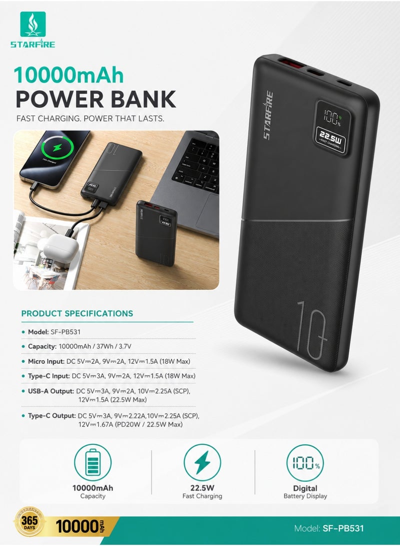 STARFIRE 10000mAh Power Bank, 22.5W Fast Charging Portable Charger with USB-A & Type-C Ports,LED Digital Battery Display ,Compact External Battery Pack for iPhone 17 / 17 Pro / 17 Pro Max / iPhone Air / 16 / 15 / 14 / 13 / 12 Series, Samsung Galaxy S25 / S24 / S23 / S22, iPad, Xiaomi, OnePlus, Huawei - Image 4