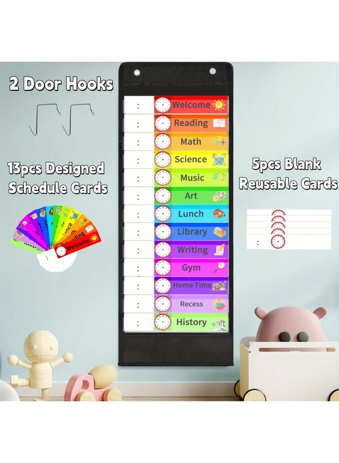 Black Daily Schedule Pocket Chart 13 Pockets with Cards and Door Hooks - Image 2