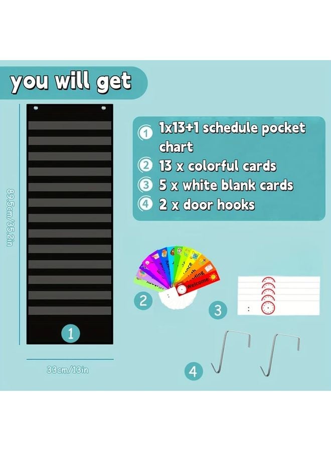 Black Daily Schedule Pocket Chart 13 Pockets with Cards and Door Hooks - Image 3