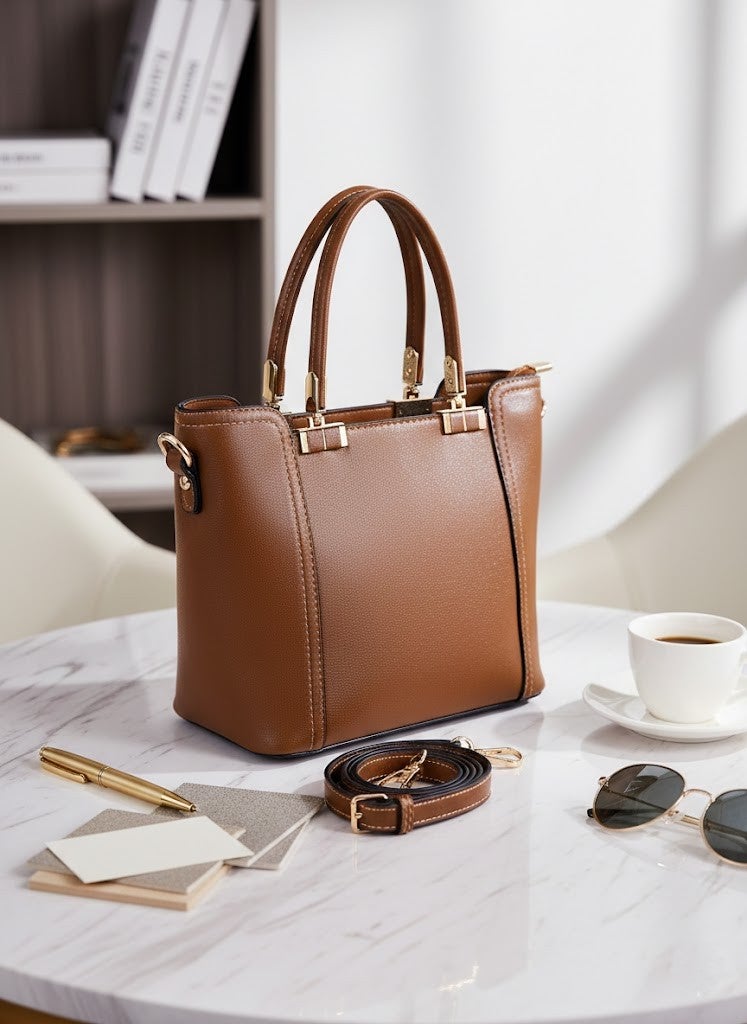 Classic Camel Brown Women's Handbag with Adjustable Shoulder Strap - Image 2