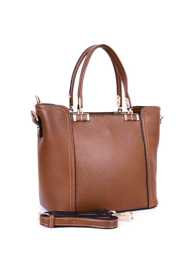 Classic Camel Brown Women's Handbag with Adjustable Shoulder Strap - Image 1