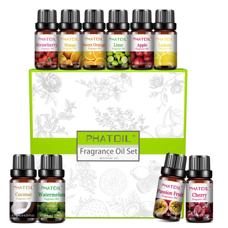PHATOIL 10Pcs Fruity Fragrance Oil Set, Coconut, Cherry, Apple, Strawberry, Mango Oils for Candle Making, Freshie Scents for DIY Soap Making, Diffuser Oil Scents Set - Image 1