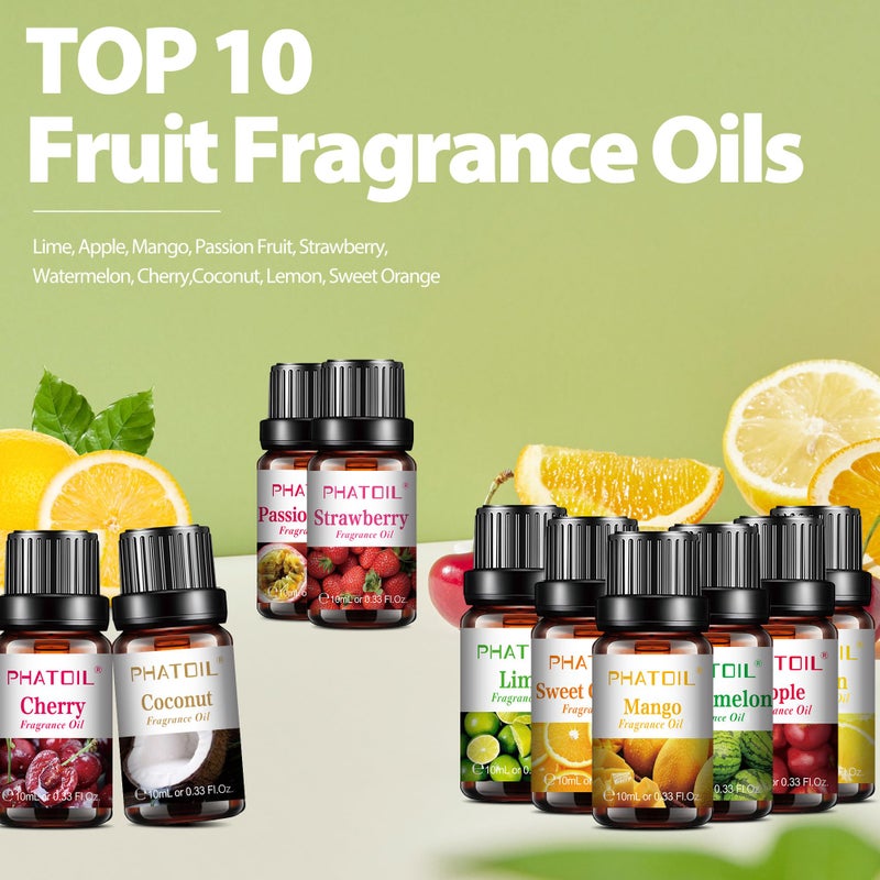 PHATOIL 10Pcs Fruity Fragrance Oil Set, Coconut, Cherry, Apple, Strawberry, Mango Oils for Candle Making, Freshie Scents for DIY Soap Making, Diffuser Oil Scents Set - Image 2