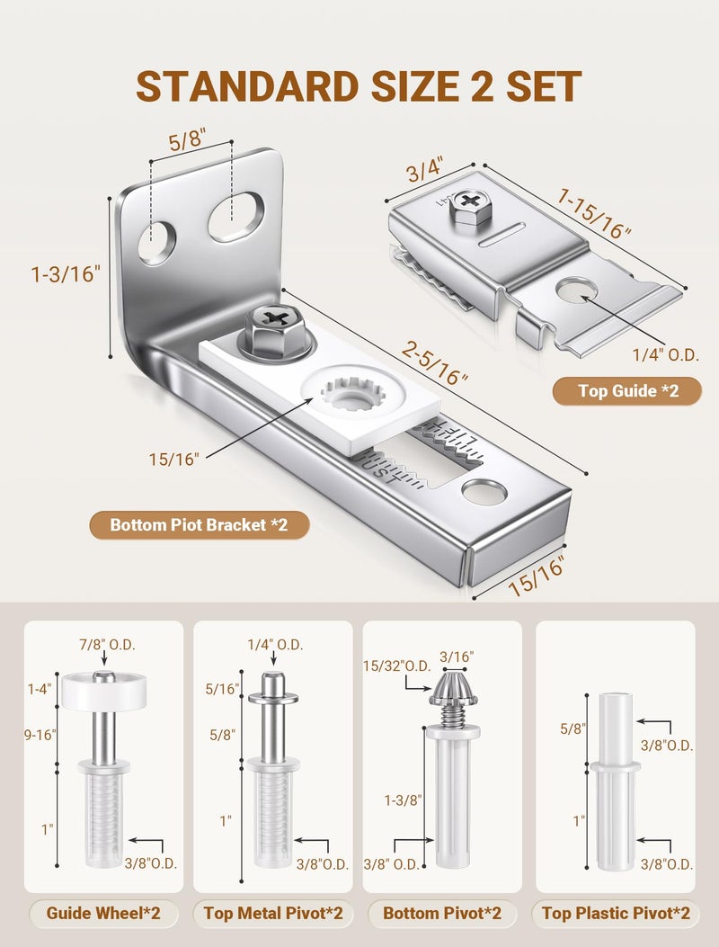 FEAOXYO Bifold Door Hardware Repair Kit, 2 Set Bi-fold Sliding Closet Doors Replacement Parts with Top & Bottom Brackets, Pivots & Guides Wheel, Closet Door Hardware Kit for Folding Pocket & Accordion - Image 2