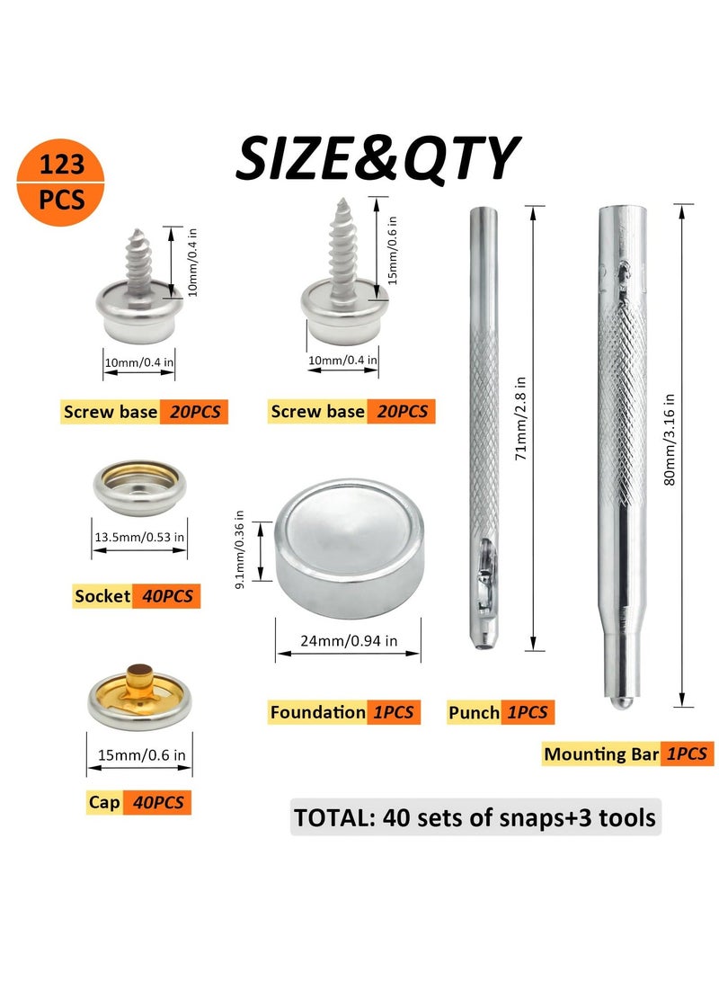 Canvas Snap Kit, Heavy Duty Snap Fastener Kit, Stainless Steel Snap Button Kit, 20 Sets 10mm Snaps and 20 Sets 15mm Snaps, Suitable for Boat Cover, Tarps, Canvas, Leather - Image 2