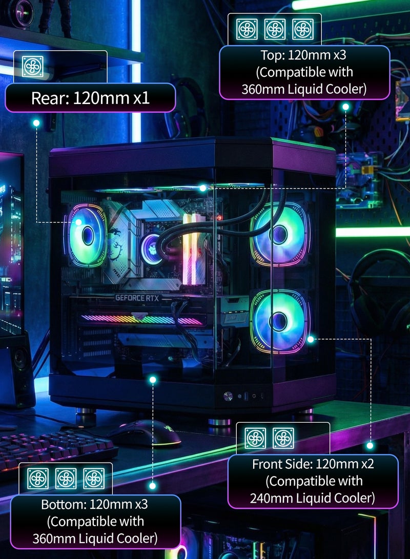 أركايوبتيركس حافظة كمبيوتر ألعاب متوسطة الحجم مع 9 مواقع للمراوح - حافظة كمبيوتر زجاجية بالكامل تدعم اللوحات الأم ATX العريضة، ولوحة أمامية من النوع C و USB 3.0 لتدفق هواء مثالي (أسود) - Image 3