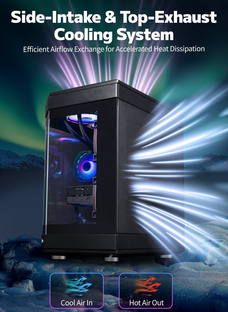 أركايوبتيركس حافظة كمبيوتر ألعاب متوسطة الحجم مع 9 مواقع للمراوح - حافظة كمبيوتر زجاجية بالكامل تدعم اللوحات الأم ATX العريضة، ولوحة أمامية من النوع C و USB 3.0 لتدفق هواء مثالي (أسود) - Image 4