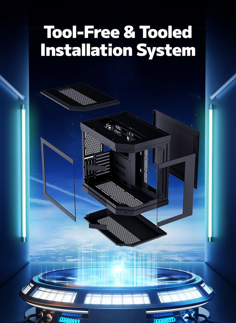 أركايوبتيركس حافظة كمبيوتر ألعاب متوسطة الحجم مع 9 مواقع للمراوح - حافظة كمبيوتر زجاجية بالكامل تدعم اللوحات الأم ATX العريضة، ولوحة أمامية من النوع C و USB 3.0 لتدفق هواء مثالي (أسود) - Image 5