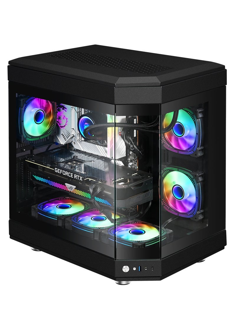 أركايوبتيركس حافظة كمبيوتر ألعاب متوسطة الحجم مع 9 مواقع للمراوح - حافظة كمبيوتر زجاجية بالكامل تدعم اللوحات الأم ATX العريضة، ولوحة أمامية من النوع C و USB 3.0 لتدفق هواء مثالي (أسود) - Image 1