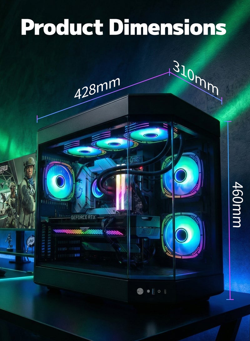 أركايوبتيركس حافظة كمبيوتر ألعاب متوسطة الحجم مع 9 مواقع للمراوح - حافظة كمبيوتر زجاجية بالكامل تدعم اللوحات الأم ATX العريضة، ولوحة أمامية من النوع C و USB 3.0 لتدفق هواء مثالي (أسود) - Image 2