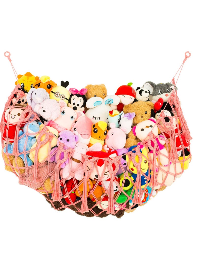 SYOSI 60'' Large Size Stuffed Animal Net Hammock, Wall Mounted-Handmade Macrame Toy Hammock Organizer, Stuffed Animal Display Plush Toys Holder Boho Decor for Nursery Playroom Bedroom Kids Room (Pink)  - Image 1