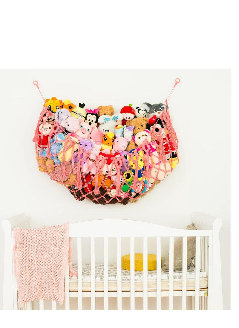 SYOSI 60'' Large Size Stuffed Animal Net Hammock, Wall Mounted-Handmade Macrame Toy Hammock Organizer, Stuffed Animal Display Plush Toys Holder Boho Decor for Nursery Playroom Bedroom Kids Room (Pink)  - Image 2