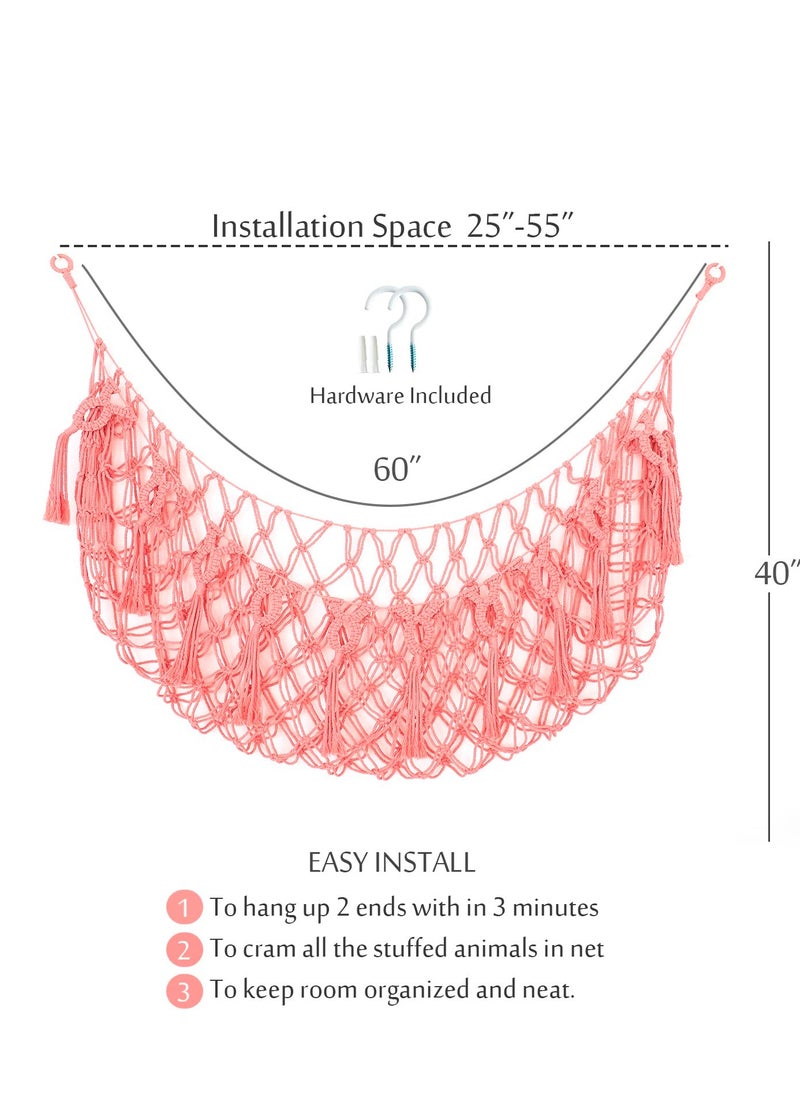 SYOSI 60'' Large Size Stuffed Animal Net Hammock, Wall Mounted-Handmade Macrame Toy Hammock Organizer, Stuffed Animal Display Plush Toys Holder Boho Decor for Nursery Playroom Bedroom Kids Room (Pink)  - Image 4