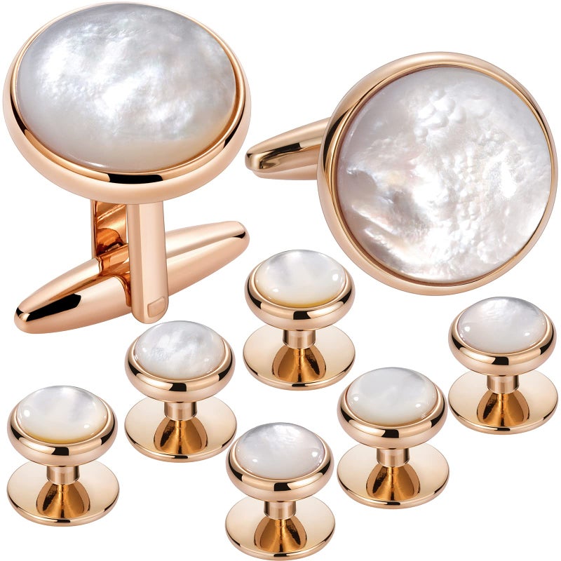 HAWSON Cufflinks and Tuxedo Studs Set for Men with Gift Box, Mother-of-Pearl Cuff links for French Cuff Shirt and Dress Shirt, Suitable for Wedding, Birthday, Party