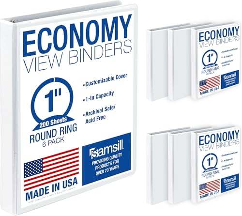 Samsill 1 Inch 3 Ring Binders Economy Round Ring Clear View Cover 200 Sheet Capacity for School Home Office White 6 Pack - Image 1