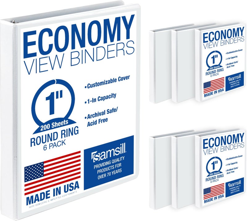 Samsill 1 Inch 3 Ring Binders Economy Round Ring Clear View Cover 200 Sheet Capacity for School Home Office White 6 Pack - Image 2