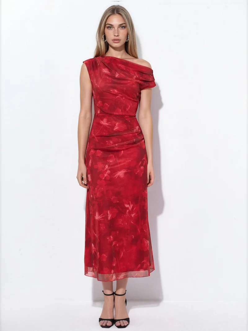 Hiccup Red Patterned Lined Tulle Knit Midi Dress for Women | Best Price UAE