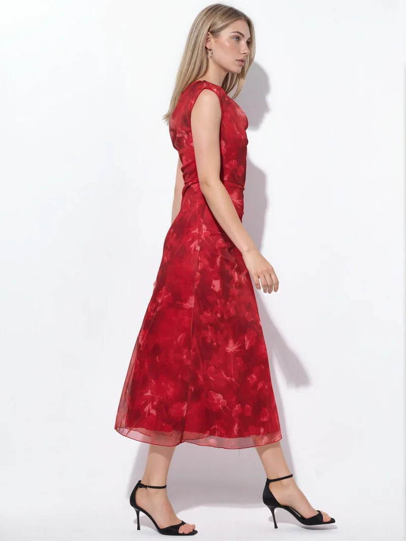 Hiccup Red Patterned Lined Tulle Knit Midi Dress for Women | Best Price UAE