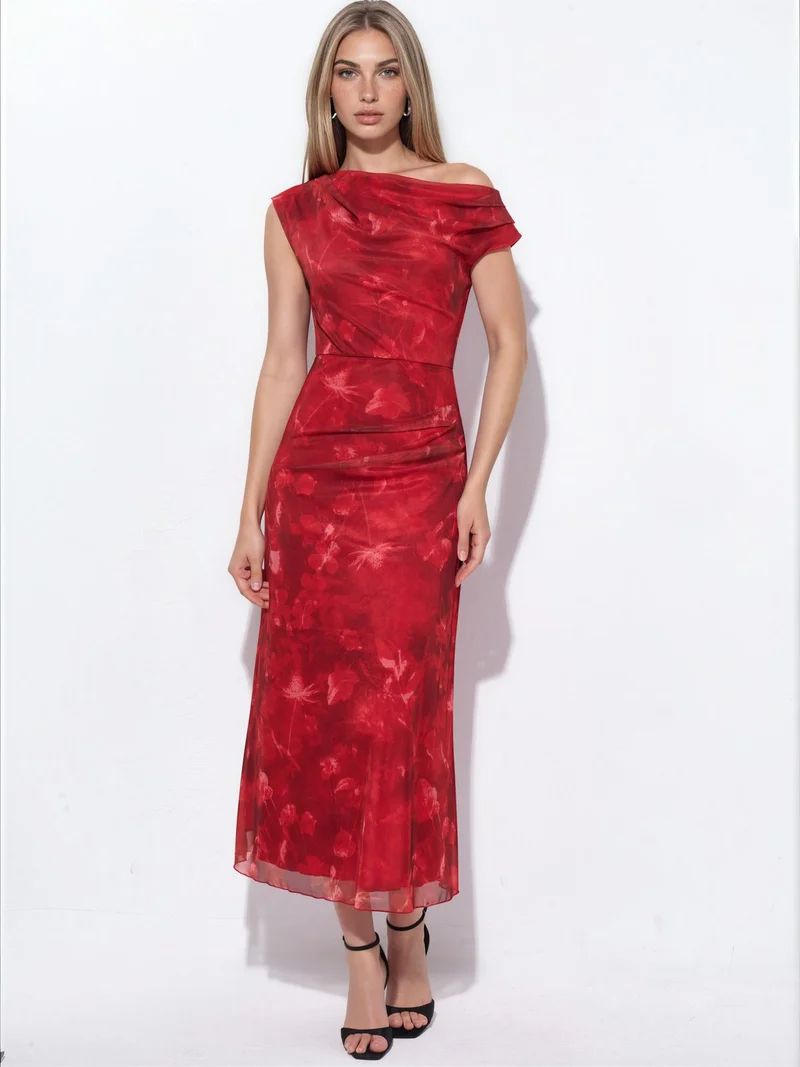 HICCUP Patterned Lined Tulle Knit Midi Dress