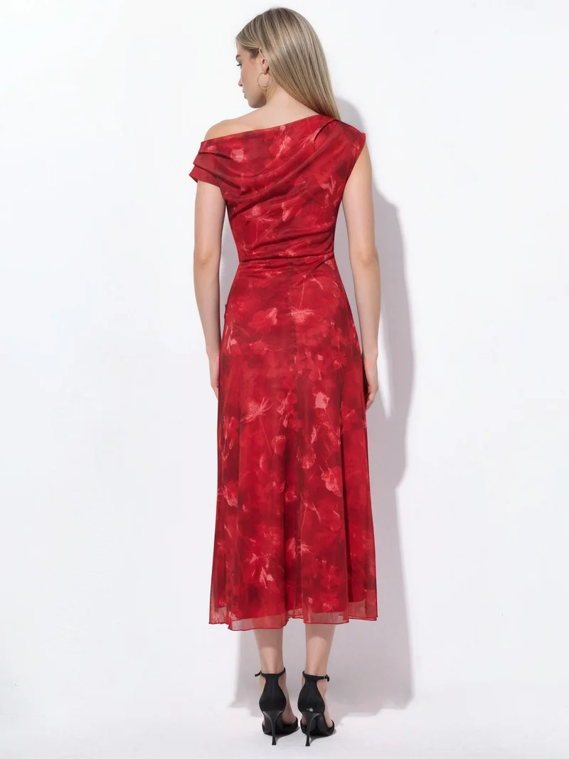 Hiccup Red Patterned Lined Tulle Knit Midi Dress for Women | Best Price UAE
