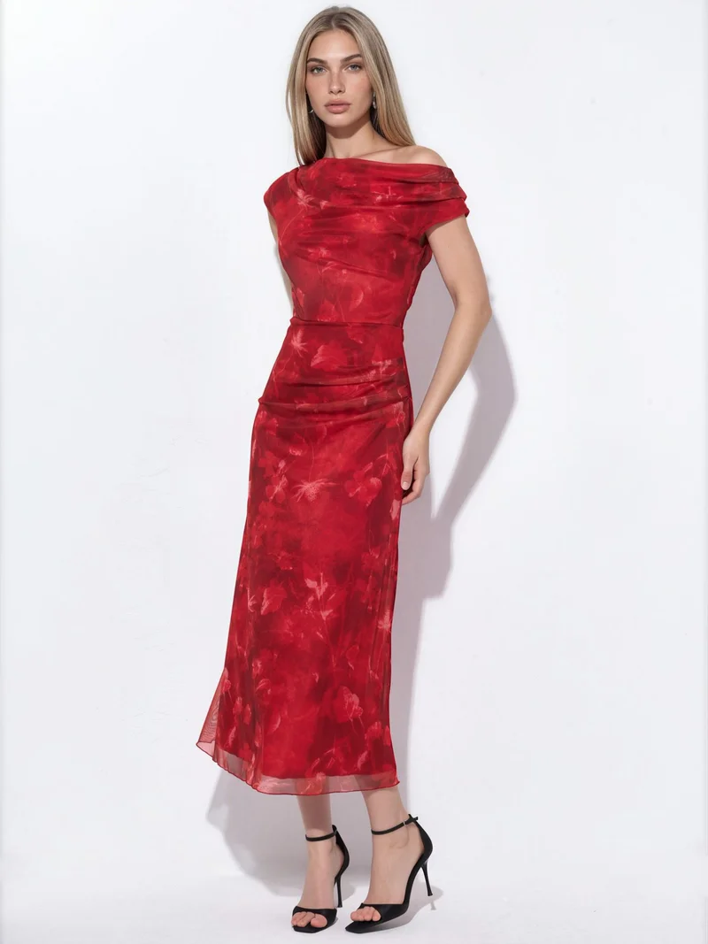 HICCUP Patterned Lined Tulle Knit Midi Dress
