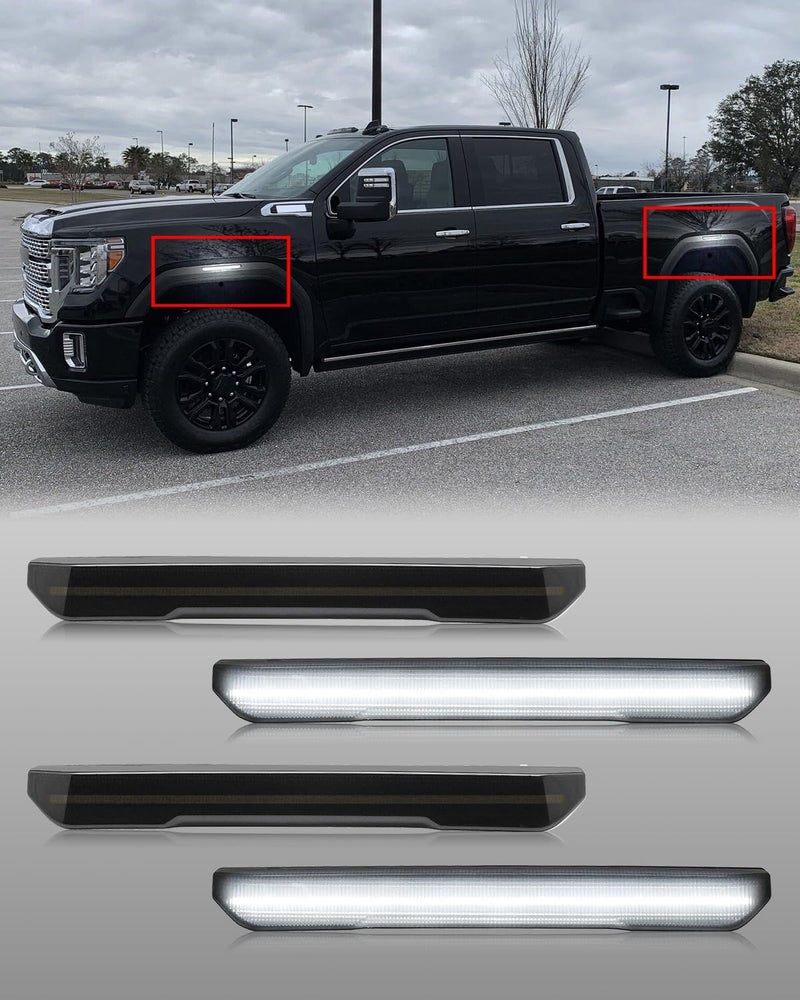Mynoway أضواء علامة جانبية LED عديمة الرؤية 4 قطع بديلة لـ Sierra 2500HD 3500HD 2020 2021 2022 2023 2024 2025، مجموعة تجميع مصباح علامة جانبية أمامية وخلفية (عدسة مدخنة ضوء أبيض) - Image 1