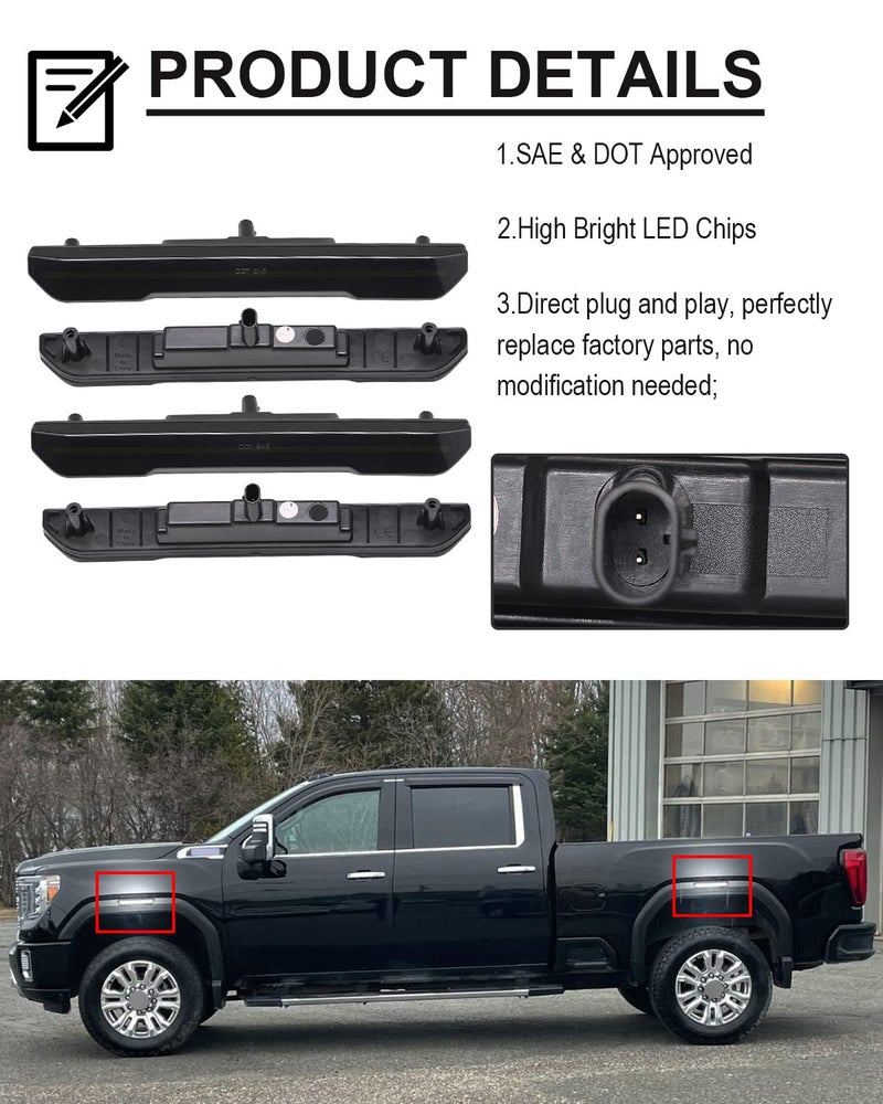 Mynoway أضواء علامة جانبية LED عديمة الرؤية 4 قطع بديلة لـ Sierra 2500HD 3500HD 2020 2021 2022 2023 2024 2025، مجموعة تجميع مصباح علامة جانبية أمامية وخلفية (عدسة مدخنة ضوء أبيض) - Image 3