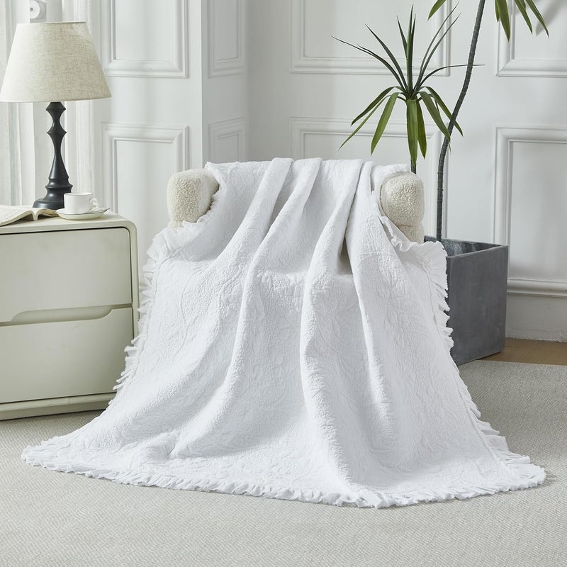 Brandream White Ruffle Quilted Throw Blanket Cotton Throws for Bed Couch Daybed 47 X 60 Inch Decorative Blankets - Image 2