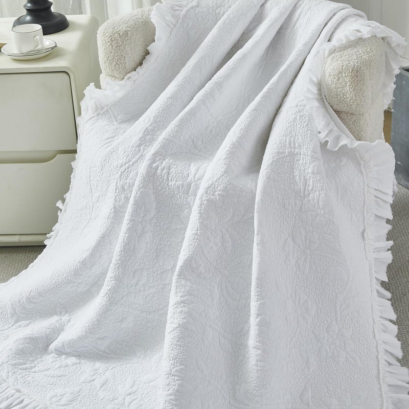 Brandream White Ruffle Quilted Throw Blanket Cotton Throws for Bed Couch Daybed 47 X 60 Inch Decorative Blankets - Image 1