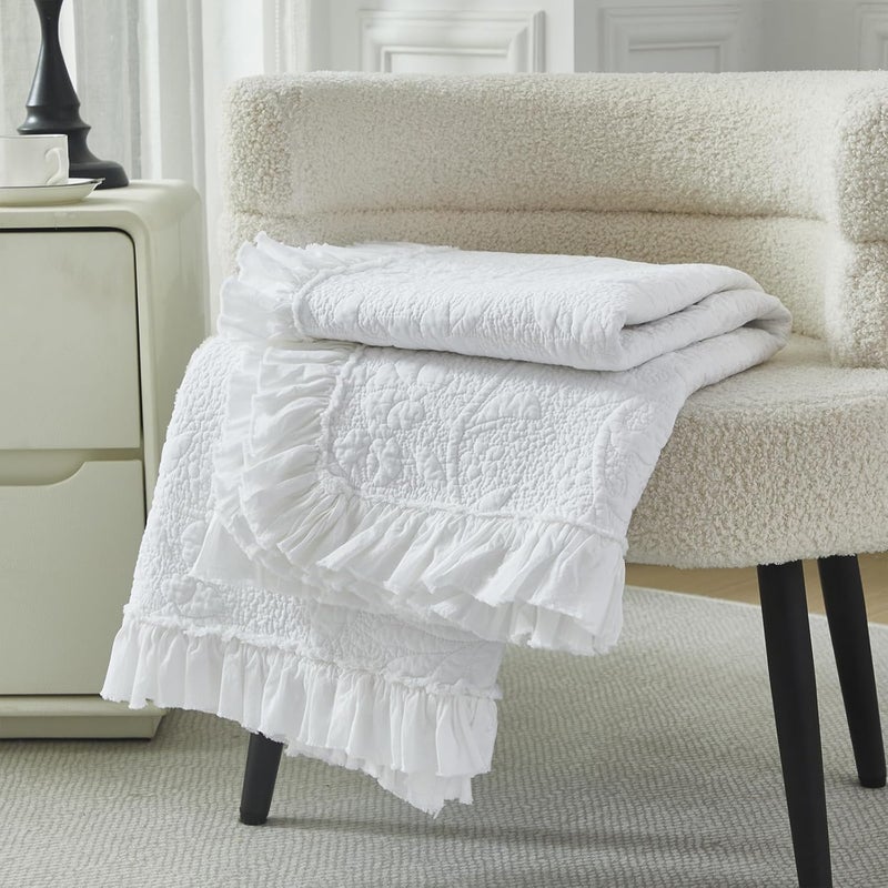 Brandream White Ruffle Quilted Throw Blanket Cotton Throws for Bed Couch Daybed 47 X 60 Inch Decorative Blankets - Image 5