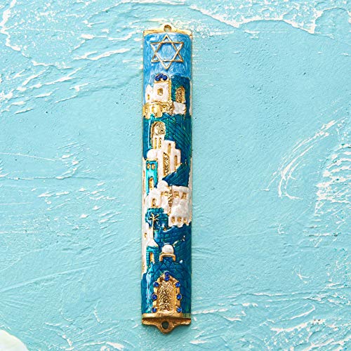 Matashi Hand Painted Blue and Ivory Enamel Jerusalem Cityscape Mezuzah with Gold Accents and a Star of David Crystals Home Door Wall Decor Housewarming Present for Festival (5.5 inch) - Image 3