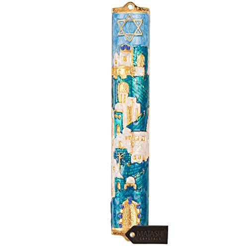 Matashi Hand Painted Blue and Ivory Enamel Jerusalem Cityscape Mezuzah with Gold Accents and a Star of David Crystals Home Door Wall Decor Housewarming Present for Festival (5.5 inch) - Image 1