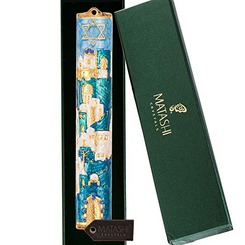 Matashi Hand Painted Blue and Ivory Enamel Jerusalem Cityscape Mezuzah with Gold Accents and a Star of David Crystals Home Door Wall Decor Housewarming Present for Festival (5.5 inch) - Image 2