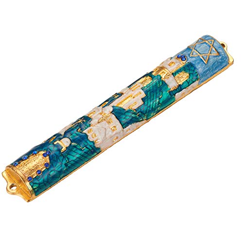 Matashi Hand Painted Blue and Ivory Enamel Jerusalem Cityscape Mezuzah with Gold Accents and a Star of David Crystals Home Door Wall Decor Housewarming Present for Festival (5.5 inch) - Image 5