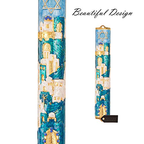 Matashi Hand Painted Blue and Ivory Enamel Jerusalem Cityscape Mezuzah with Gold Accents and a Star of David Crystals Home Door Wall Decor Housewarming Present for Festival (5.5 inch) - Image 4