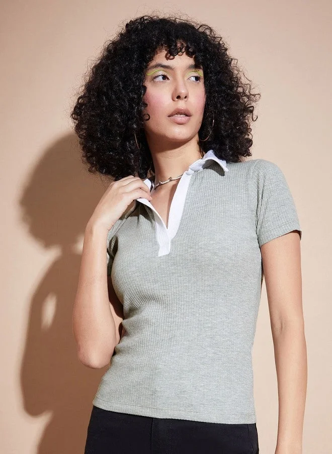 SASSAFRAS Fitted Grey Shirt Collar Top for Women
