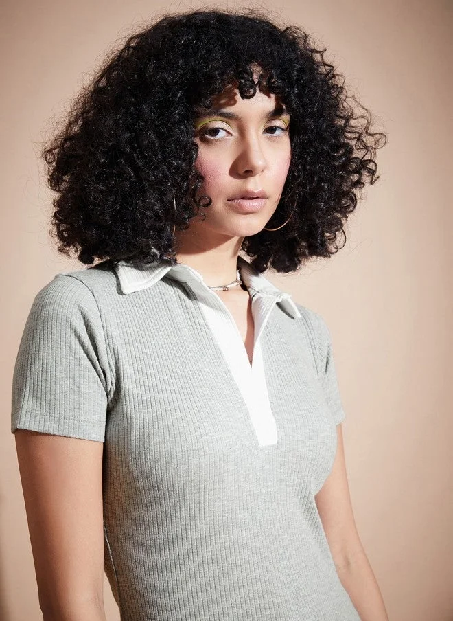 SASSAFRAS Fitted Grey Shirt Collar Top for Women