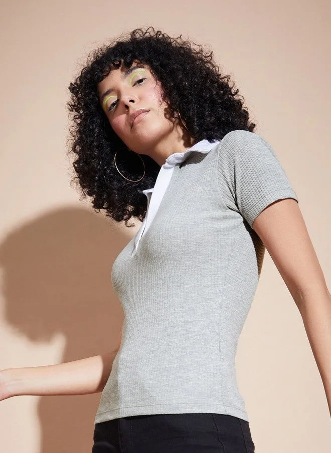 SASSAFRAS Fitted Grey Shirt Collar Top for Women