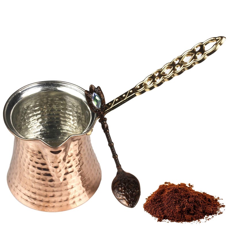 Turkish Coffee Pot and Copper Spoon Set 9 Oz Thick 2mm Antique Copper Looking Stove top Coffee Maker Cezve with Copper Handle Copper Spoon for 3 People