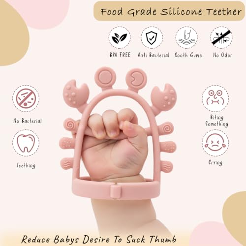 Tony Stark Silicone Baby Teething Toy – No-Drop Wrist-Fit Teether for Babies & Toddlers, Soft Silicone Chew Toy for Gum & Molar Relief, Newborn Essentials (Crab Design, Pink) - Image 4