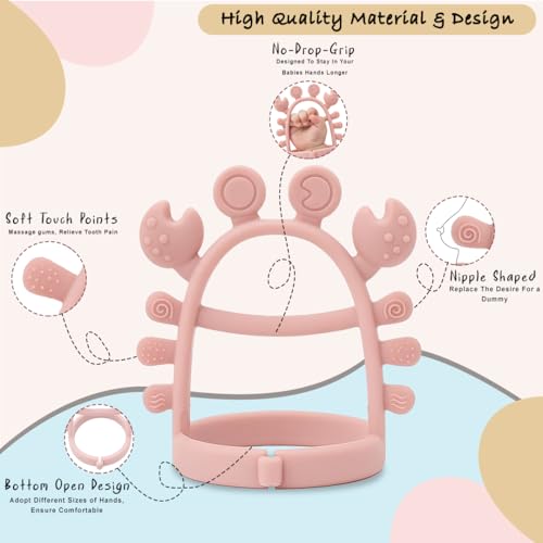 Tony Stark Silicone Baby Teething Toy – No-Drop Wrist-Fit Teether for Babies & Toddlers, Soft Silicone Chew Toy for Gum & Molar Relief, Newborn Essentials (Crab Design, Pink) - Image 3