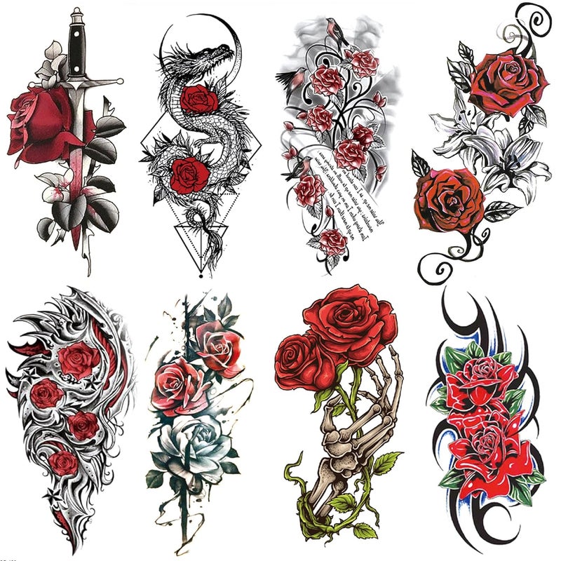 Oottati 8 أوراق ملصقات وشم مؤقت مقاومة للماء لذراع الجسم - زهرة الورد الحمراء، جمجمة سوداء، سيف تنين، توتم