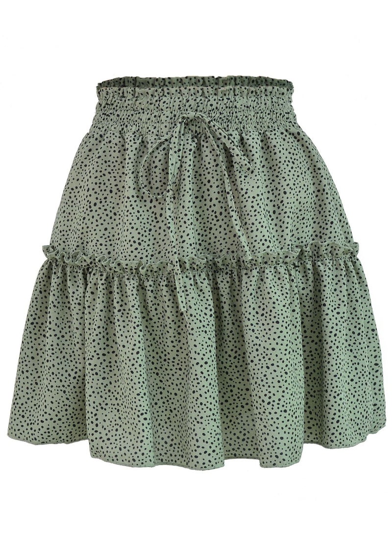 Loquat Women's Summer Cute High Waist Ruffle Skirt Polka Dot Print Swing Beach Mini Skirt Green/Black 
