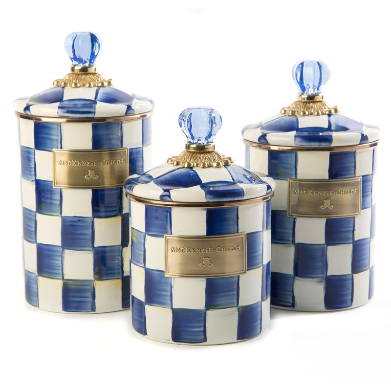 MACKENZIECHILDS Enamel Canister Set Small 38 oz Medium 48 oz and Large 64 oz Kitchen Containers BlueandWhite Royal Check