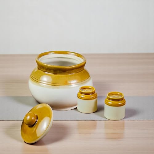ClayStone Traditional 3.5 kg Pickle jar for Storage with 2 Salt and Pepper Shakers - Kitchen Storage Containers for Pickles. Decorative Achar Barni 3.5 kg Round Jars for Home Organization. - Image 1