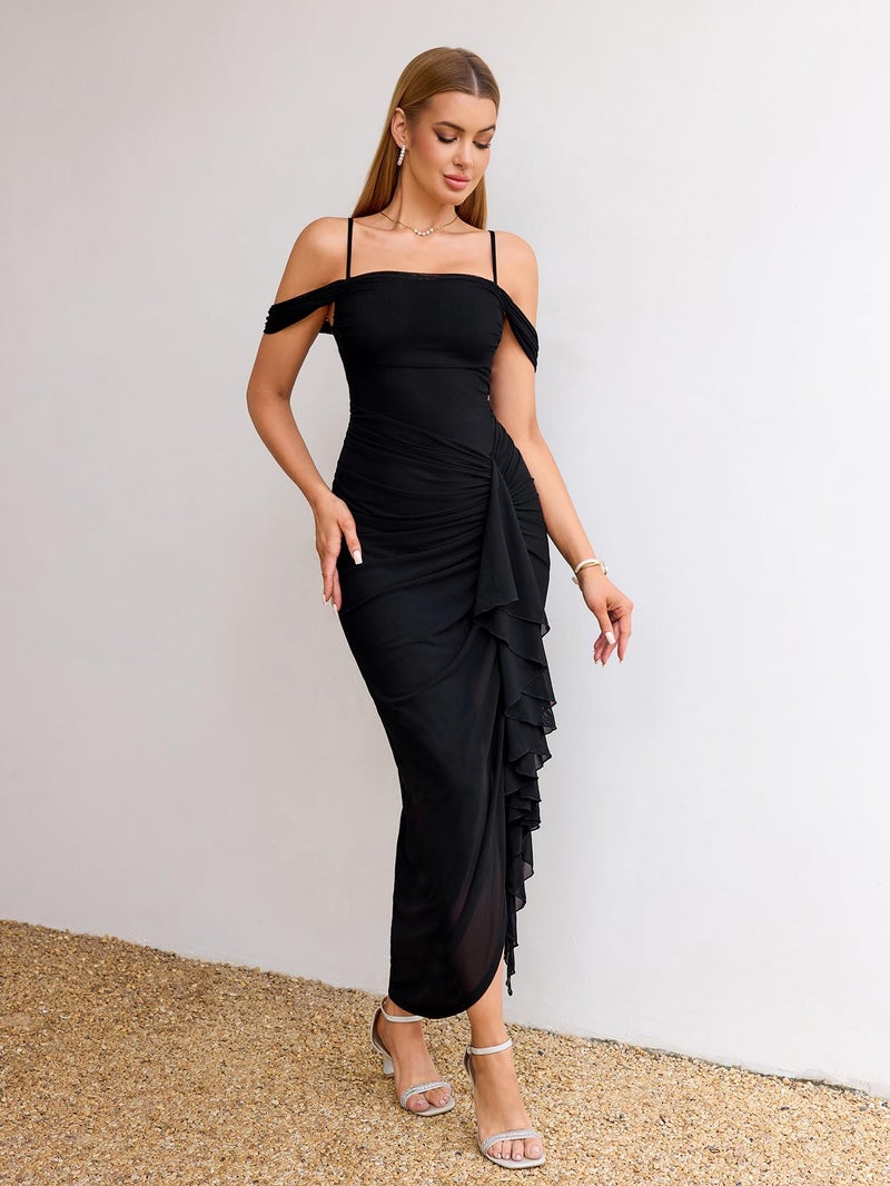 HTZMO Women Elegant Bodycon Maxi Dress Ruched Ruffle Slit Wedding Gutst Formal Cocktail Party Long Dresses Black M - Image 3