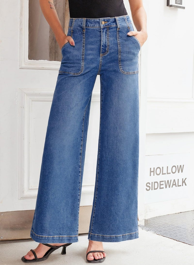 Sidefeel Womens Wide Leg Jeans High Waisted Stretchy Straight Leg Baggy Denim Pants with Pockets Light Blue Size 10 - Image 3