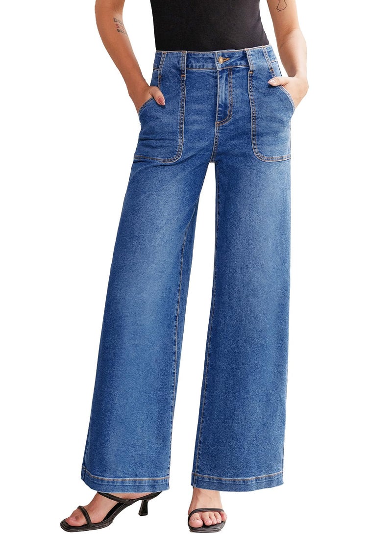 Sidefeel Womens Wide Leg Jeans High Waisted Stretchy Straight Leg Baggy Denim Pants with Pockets Light Blue Size 10 - Image 1